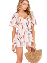 V neck Stripe Short sleeve Lacing Shift Dresses