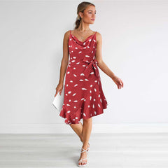 Casual Leafage print V neck Vest Sleeveless Lacing Shift Dresses