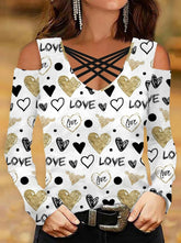 Woman Cross-strap off shoulder long-sleeve Valentine's Day printed T-shirts