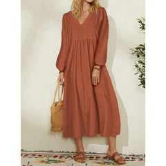 Casual Loose Pure V neck Long sleeve Gored Maxi Dresses
