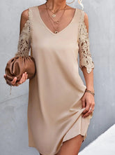 Women v neck off shoulder lace sleeve shift dresses