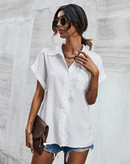 Elegant fashion turn down neck plain with pocket short sleeve blouses