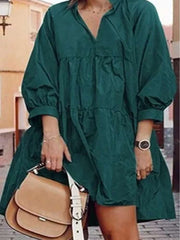 Casual Loose Pure V neck Puff sleeve Shift Dresses