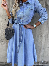 Denim Blue Turn down neck with pockets Women long sleeve maxi dresses