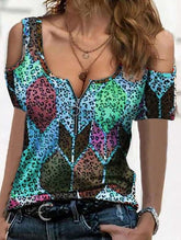Fashion Geometry of the printing Zipper V neck Off shoulder Short sleeve T-Shirts