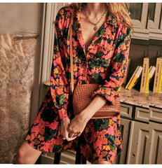 Casual Loose Floral print Lapel Three quarter sleeve Gored Fastener Shift Dresses