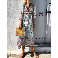 Casual Print V neck Long sleeve Maxi Dresses