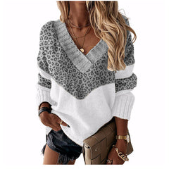 V neck leopard desin long sleeve women sweaters