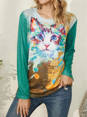 Casual Plangi Cat print Round neck Long sleeve T-Shirts