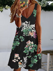 V neck summer women printed floral sleeveless skater dresses