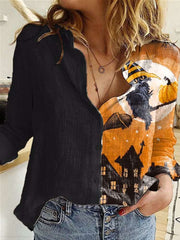 Casual Gored Print Lapel Long sleeve Blouses