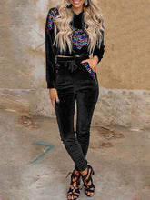 Pleuche Gored print Hoodi Sweatshirts & Pants Suits