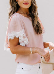 Casual Lace Gored Round neck Short sleeve T-Shirts