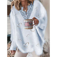 Casual Loose Lace Gored V neck Long sleeve Plush Sweaters