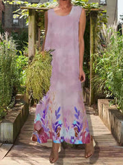 Casual fresh floral print round neck maxi dresses