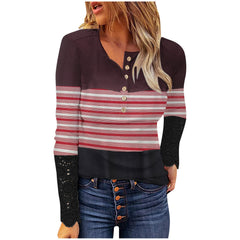 Slim fit button-down striped Round neck lace top T-shirts