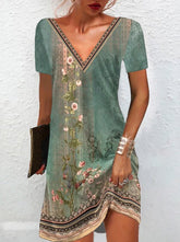 Bohemia V neck Short Sleeve Woman Long Dresses Skater Dresses