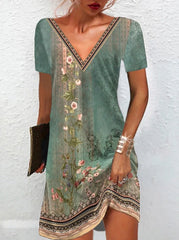 Bohemia V neck Short Sleeve Woman Long Dresses Skater Dresses