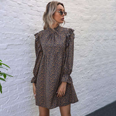 Casual Print Half high collar Long sleeve Falbala Shift Dresses