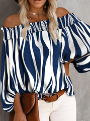 Off shoulder stripe floral printed long sleeve chiffon blouses
