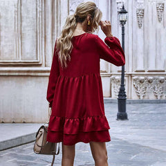 Fashion Casual Pure Round neck Long sleeve Gored Falbala Shift Dresses