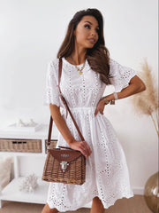 Embroidered Crew Neck Cutout Short Sleeve White Women's Skater Dresses