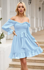 Spring U neck sweet women chic style Lantern sleeve Skater Dresses