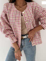 Women long sleeve round neck grid coats
