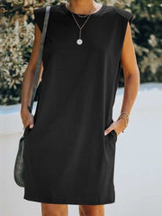 Casual Pure Round neck Sleeveless Pocket Shift Dresses