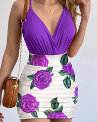 Women V neck halter floral printed Bodycon dresses