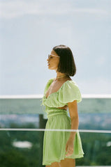 Sexy Irregular neck green short sleeve skater dresses
