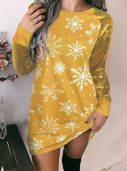 Christmas Sparkling Snowflake Printed Long Sleeve Women's Shift Dress