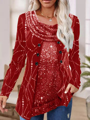 Sequin Stitching Flower Drop Collar Long Sleeve Fake Two-Piece Ladies Top T-Shirts