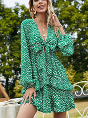 Fashion Point print V neck Long sleeve Skater Dresses