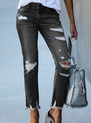 Denim fashion hole design long slim pants