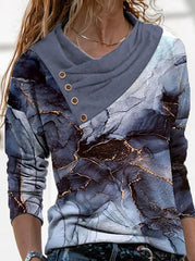 Cross V-Neck Button Printed Long Sleeve T-Shirts
