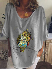 Casual Loose Owl print Round neck Short sleeve T-Shirts