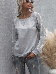 Solid color loose round neck long sleeve top lace t-shirt