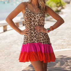 Casual Loose Leopard print V neck Sleeveless Gored Falbala Shift Dresses