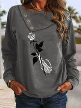 Button Neck Flower Printed Long Sleeve T-Shirts