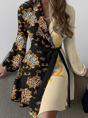 Spring Turn down neck Long sleeve work day women printed skater dresses