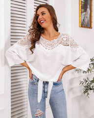 Casual Lace Hollow out Round neck Three quarter sleeve T-Shirts
