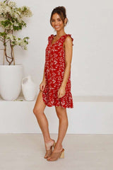 Fashion Floral print V neck Sleeveless Falbala Shift Dresses