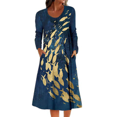 Women round neck butterfly printed long sleeve long dress maxi dresses