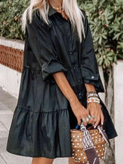 Casual Loose Pure Lapel Long sleeve Fastener Shift Dresses