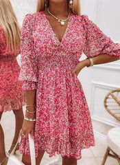 Deep v neck printed fashion floral puff skater dresses