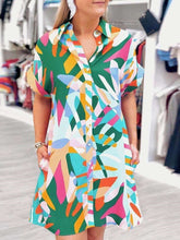 Casual Loose Abstract printing Lapel Short sleeve Shirt Shift Dresses