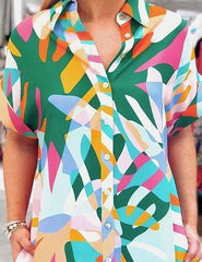 Casual Loose Abstract printing Lapel Short sleeve Shirt Shift Dresses