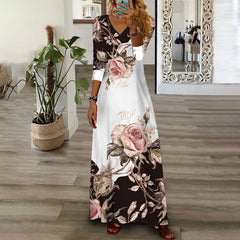 Elegant V neck long sleeve flower printed Long Dress Maxi Dresses