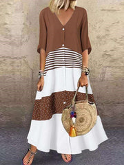 Casual Gored V neck Half sleeve Fastener Maxi Dresses
